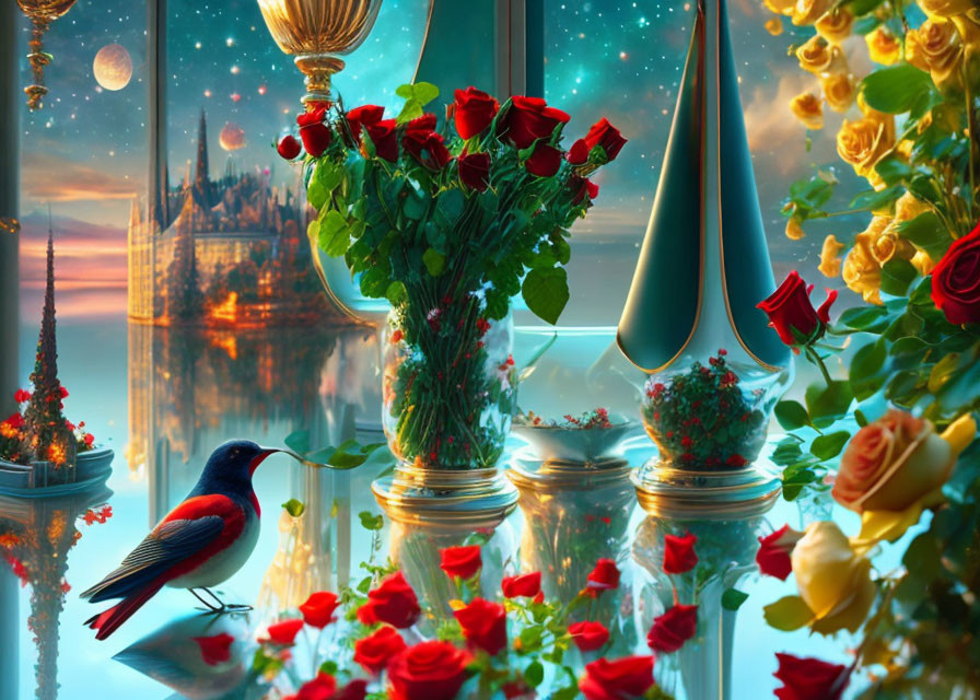 Fantastical scene: Red roses, bird, castle under starry sky