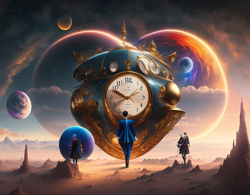 Surreal digital art: Oversized pocket watch in cosmic landscape with figures