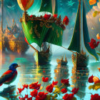 Romantic couple in fantastical garden with red roses and futuristic towers