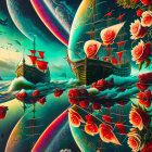 Colorful Fantasy Landscape with Floating Islands and Planets