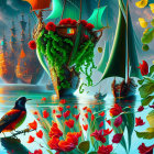 Fantastical scene: Red roses, bird, castle under starry sky