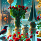 Vibrant fantasy scene: ornate ships, calm waters, blooming roses, vivid bird