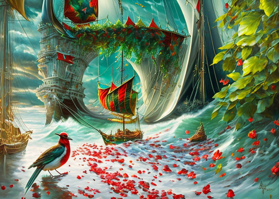 Fantasy painting: Ship on flower river, bird, green towers