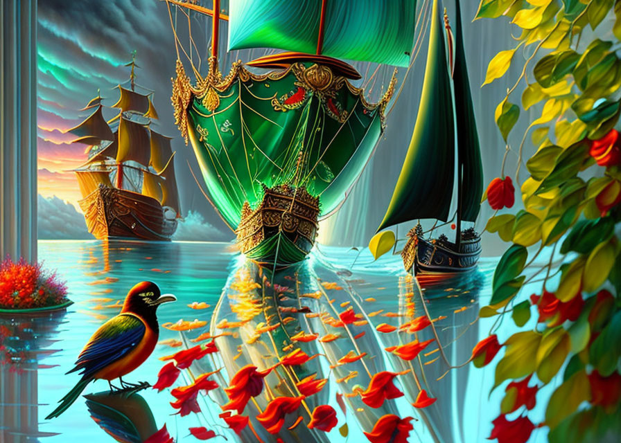 Colorful surreal painting: galleons, fish, bird, lush foliage, enchanting sky