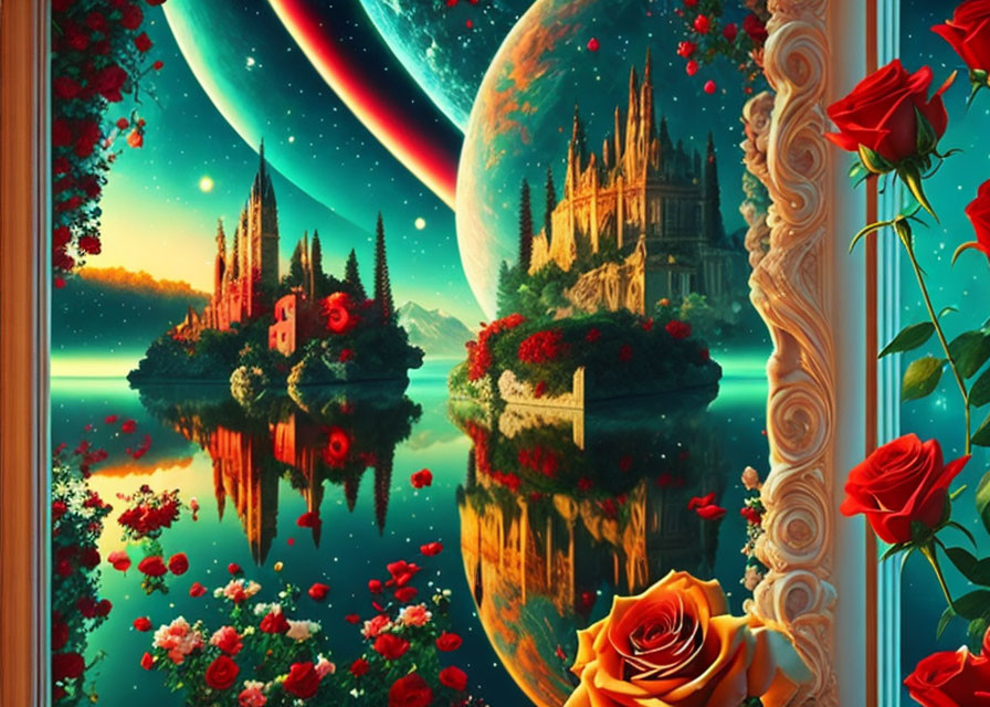 Fantastical landscape painting with castle, lake, roses, and planet.