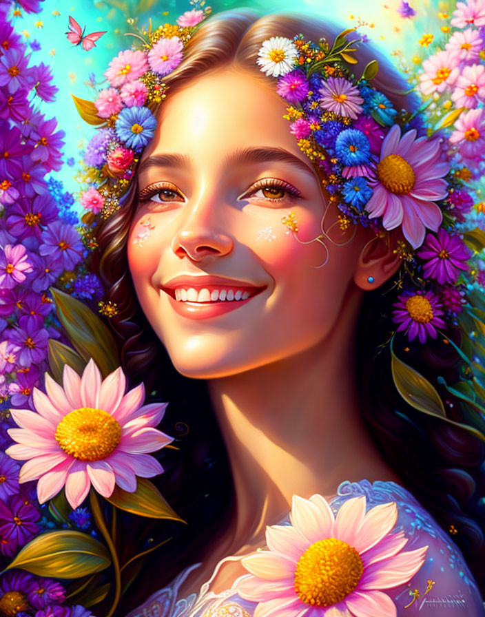 Young Woman Smiling with Flower Crown in Vibrant Floral Setting