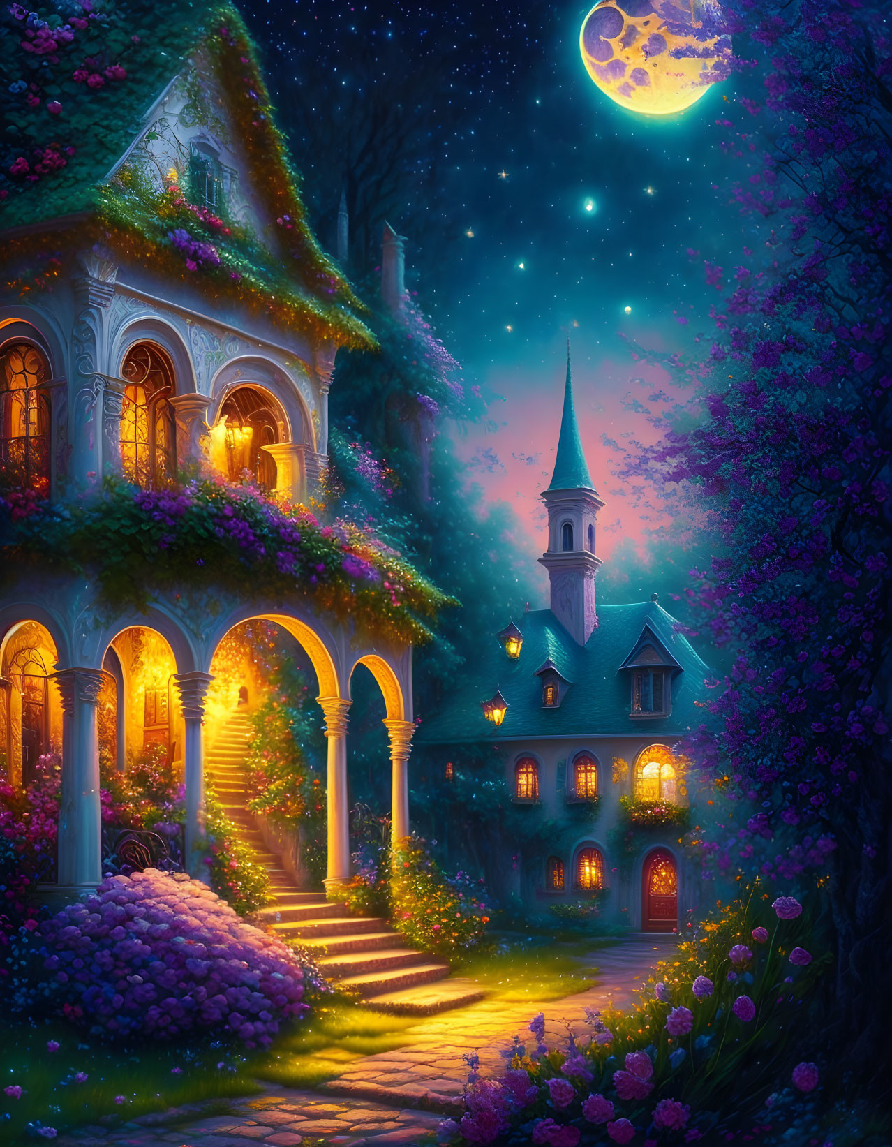 Victorian house in enchanted nighttime scene with glowing lights and purple foliage