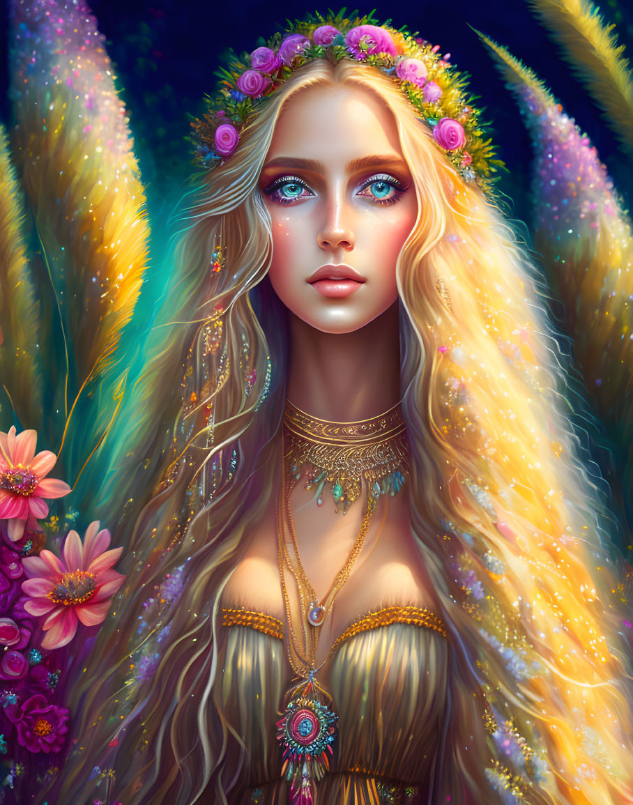 Blonde woman in golden dress with glowing wings and flower crown