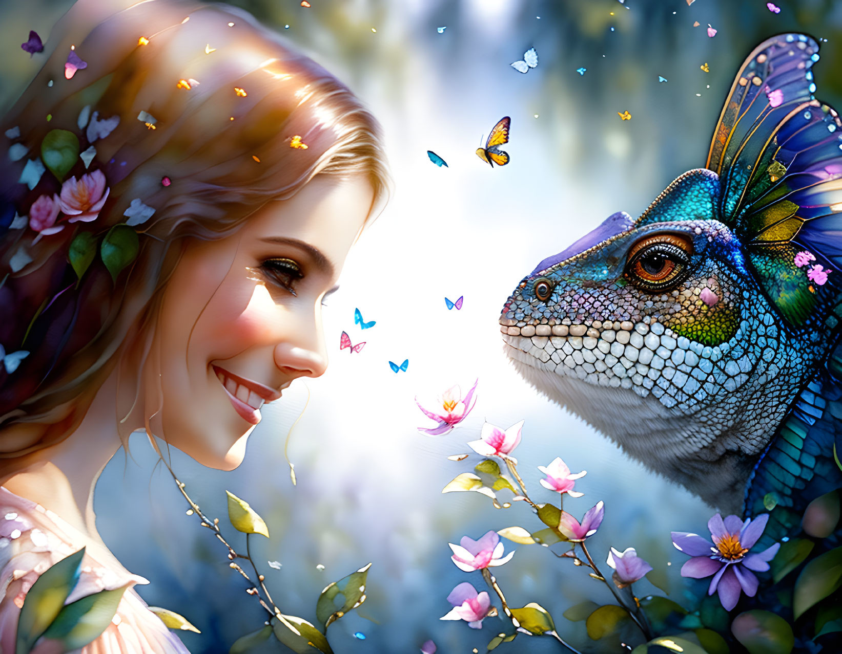 Smiling woman with flowers in hair and colorful iguana under dreamy light