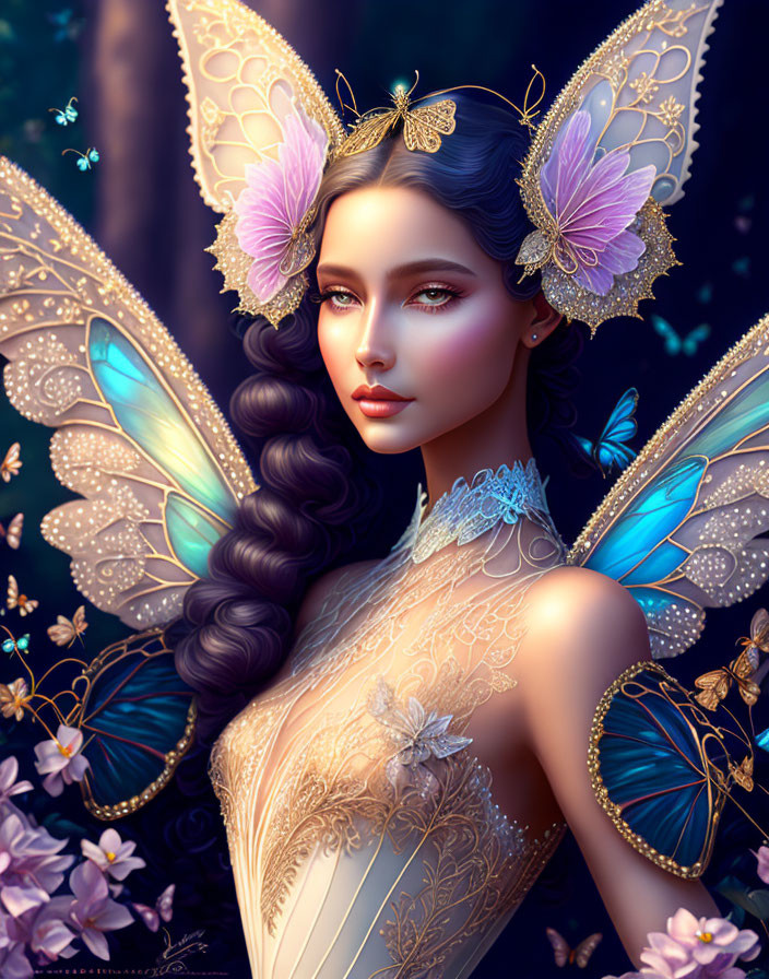 Fantasy portrait of female with butterfly wings and antennae in dark forest.