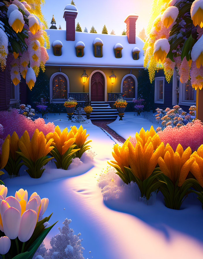 Snow-covered house with festive lights and blooming tulips in magical twilight glow