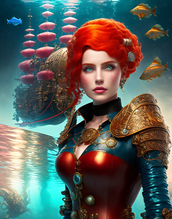 Fantasy red-haired warrior woman in ornate armor underwater with fish and ship.