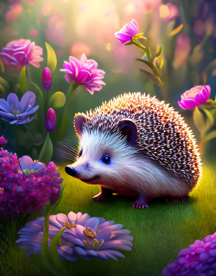 Adorable hedgehog in colorful flower garden with soft lighting