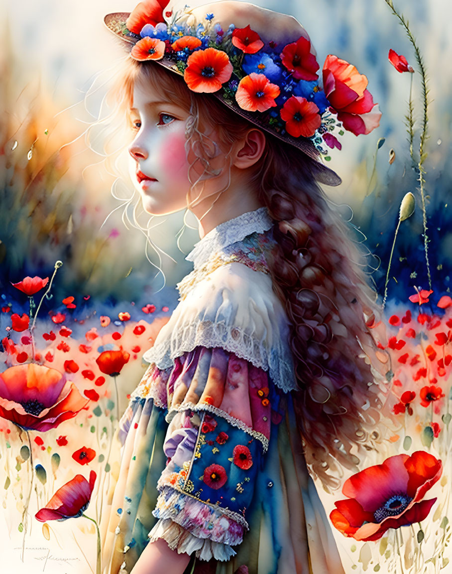 Young girl in vintage dress with poppy hat in red poppy field