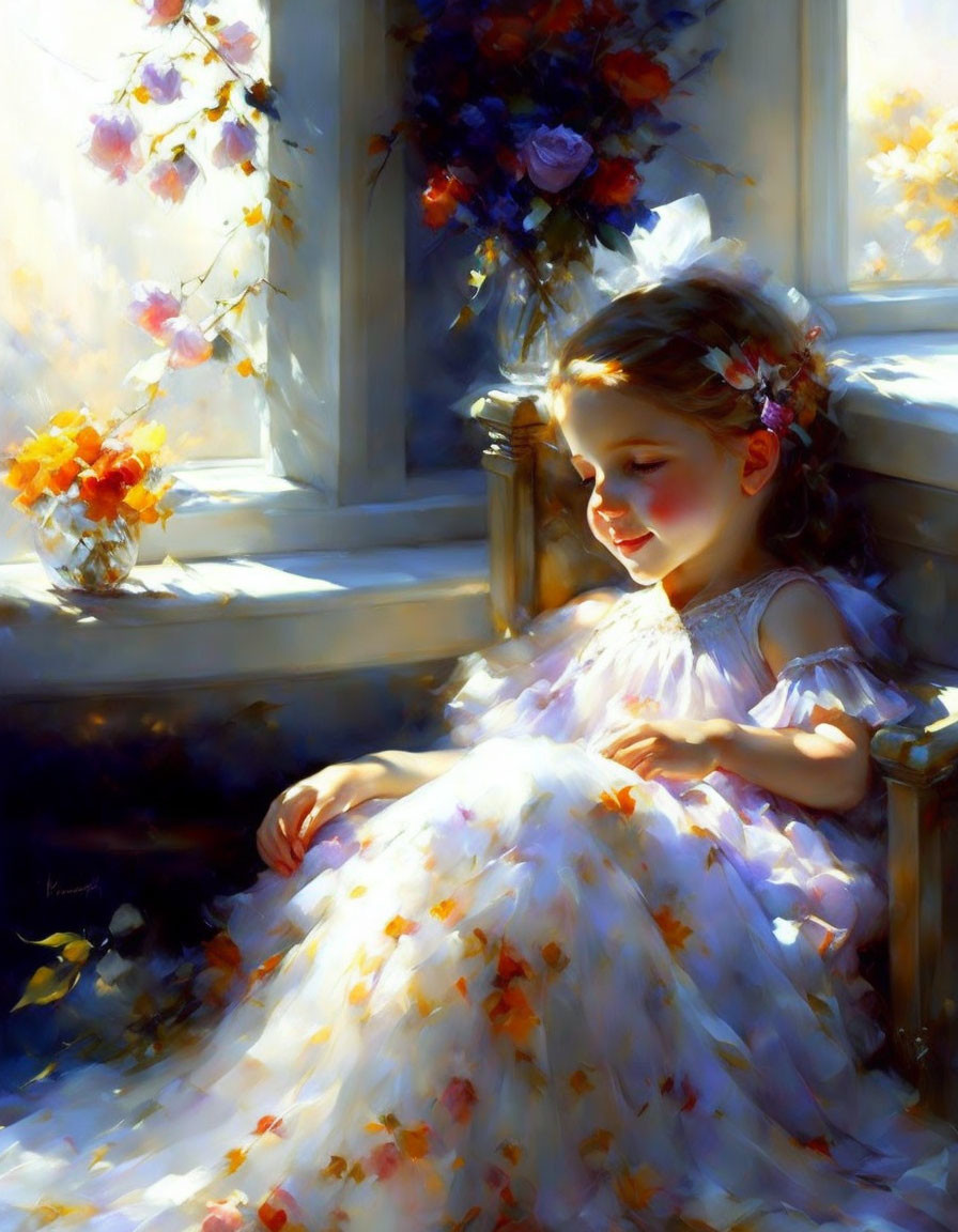 Tranquil portrait of young girl in white dress by sunny window