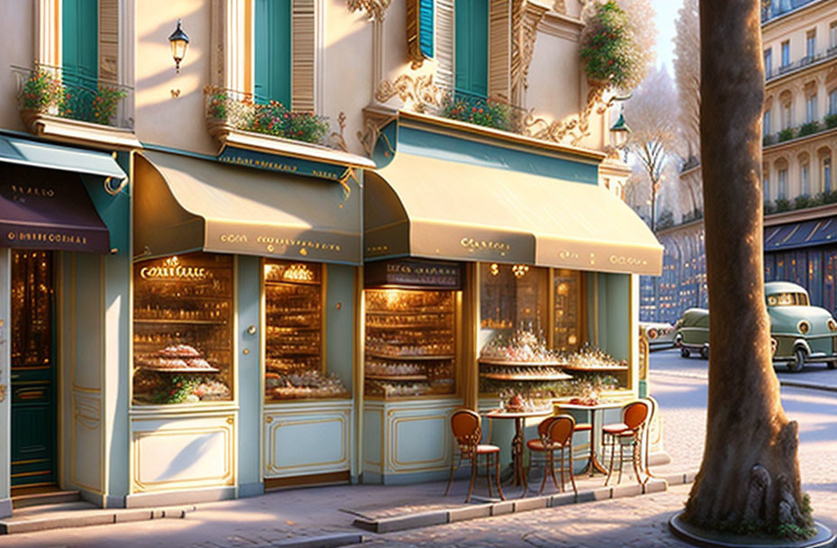 Parisian pastry shop with cakes, pastries, and outdoor seating