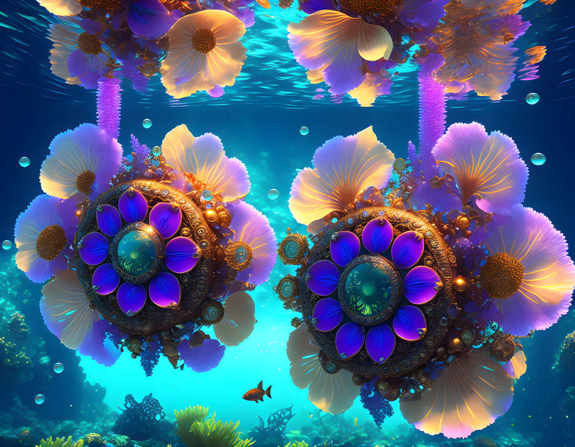 Colorful Coral Reefs with Flower-Like Structures and Fish in Sunlight