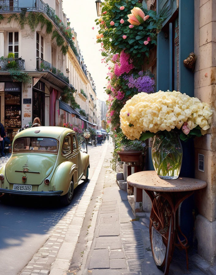 Vintage Green Car on Quaint City Street with Floral Sidewalk Scene