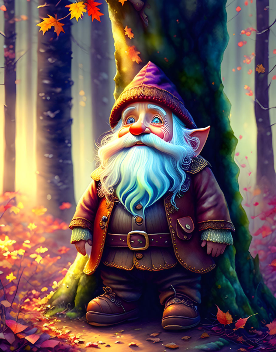 Colorful Gnome with Blue Beard in Sunlit Autumn Forest