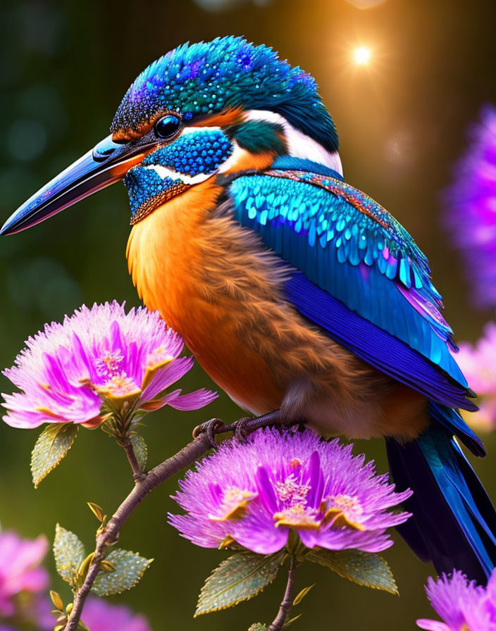 Colorful Kingfisher Bird Perched on Branch with Purple Flowers