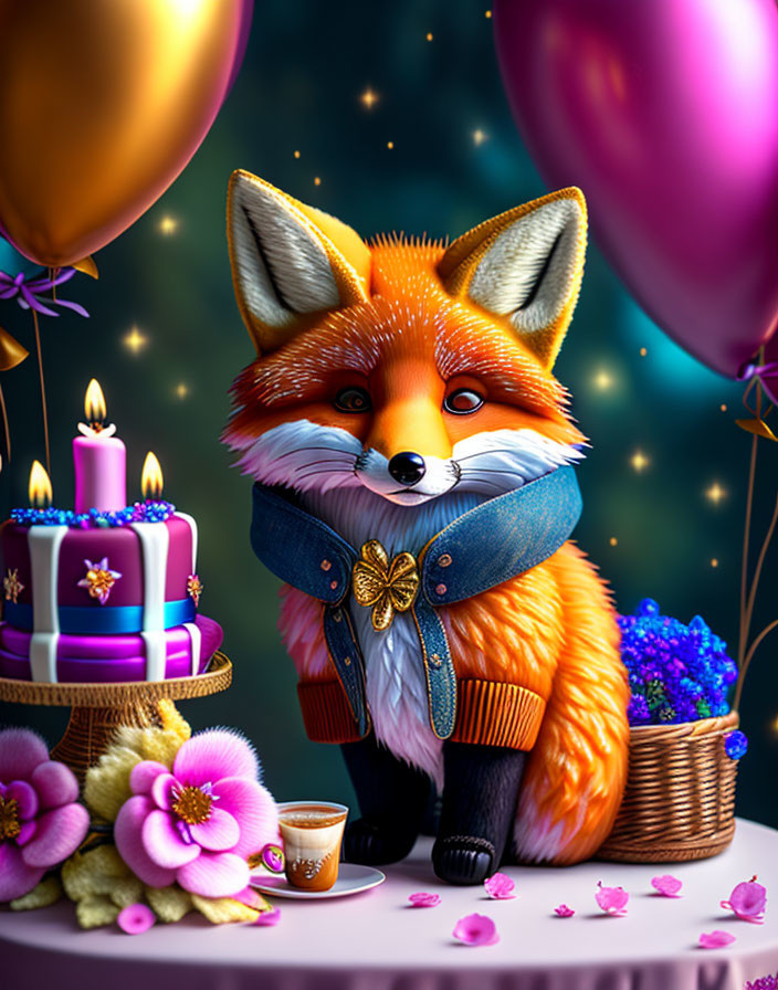 Anthropomorphic fox in coat and scarf with birthday cake, balloons, and flowers