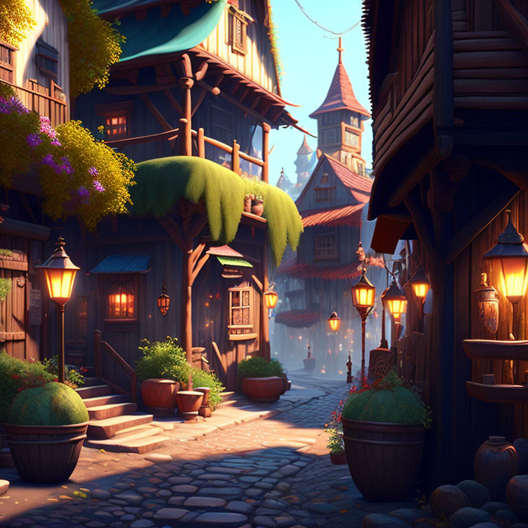 Tranquil cobblestone street at twilight with lanterns and cozy houses