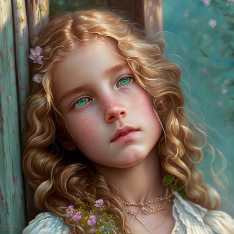 Young girl portrait with curly blonde hair, green eyes, freckles, and flowers.