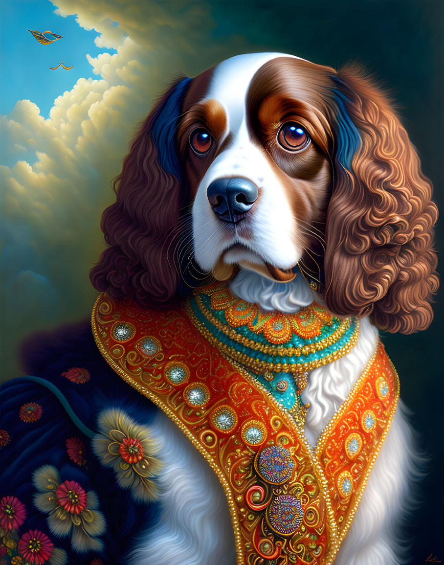 Regal dog in gem-encrusted outfit on cloud backdrop