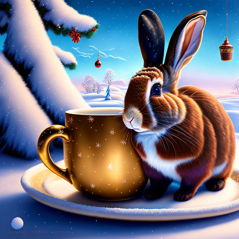 Brown rabbit next to large cup on snowy landscape with decorated trees and starry night sky