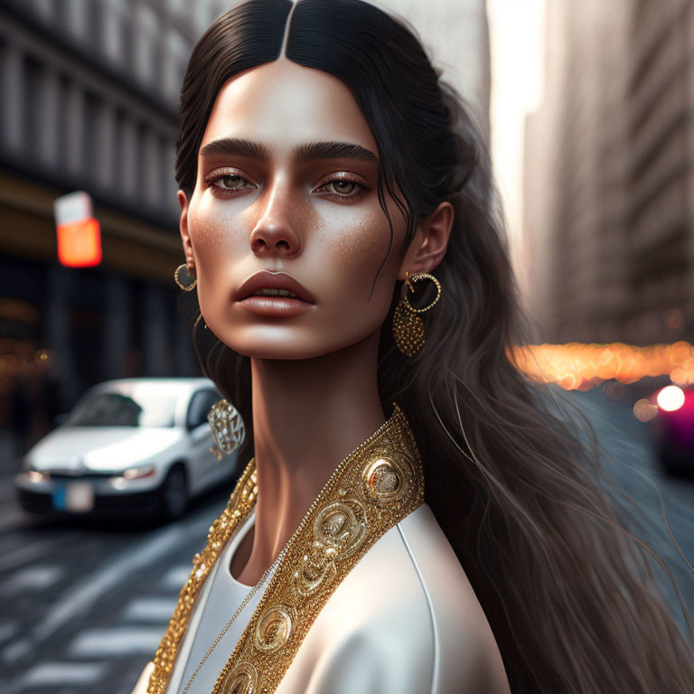 Elegant woman with long hair and gold jewelry in urban setting