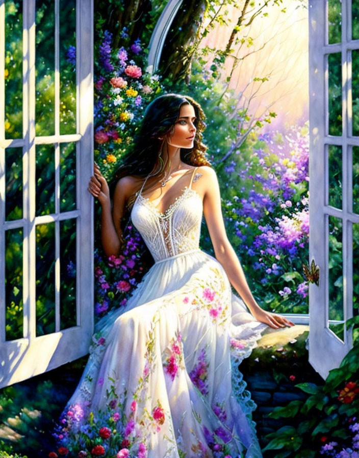 Woman in White Dress by Garden Window with Vibrant Flowers and Sun Rays