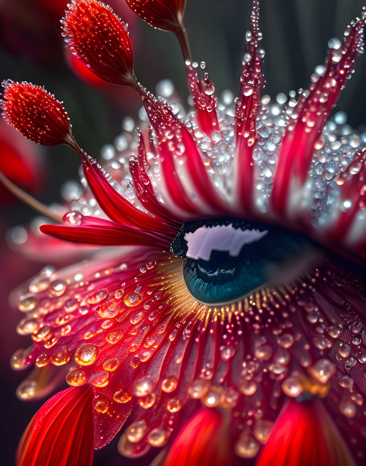 Vividly Colored Flower with Human Eye and Dew Droplets