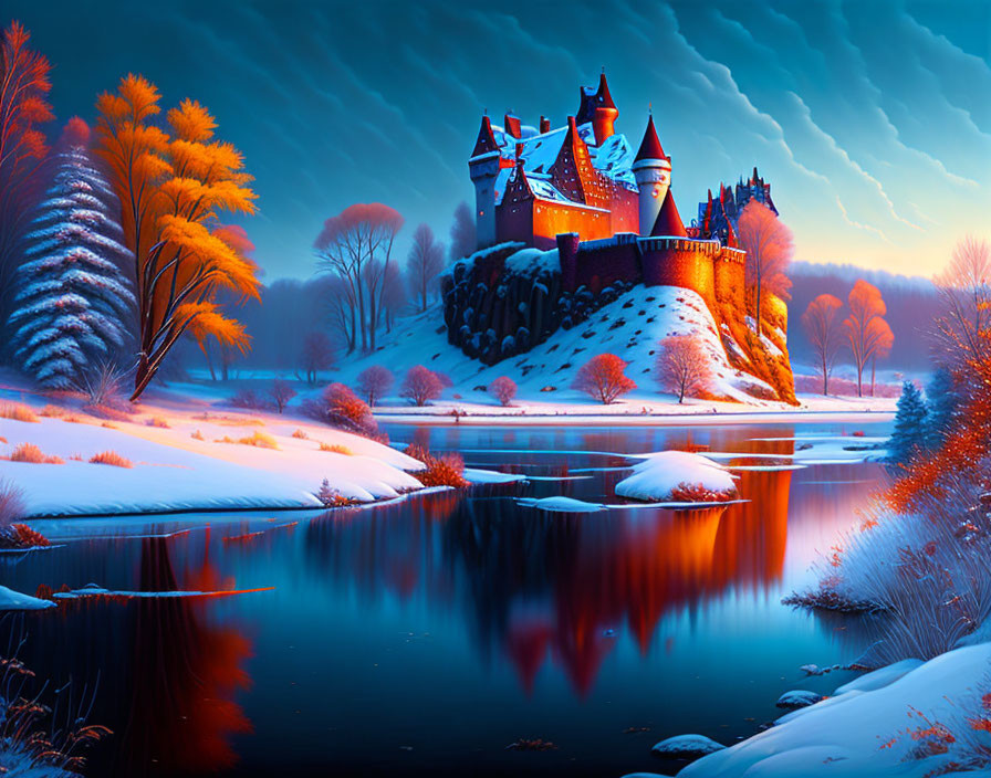 Snow-covered castle in autumn forest with river - Winter landscape scene