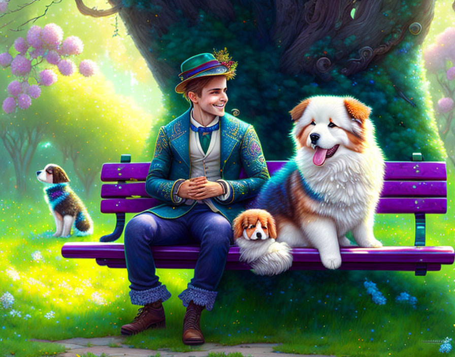 Young man in green hat and blue jacket with three dogs on purple bench in lush green setting