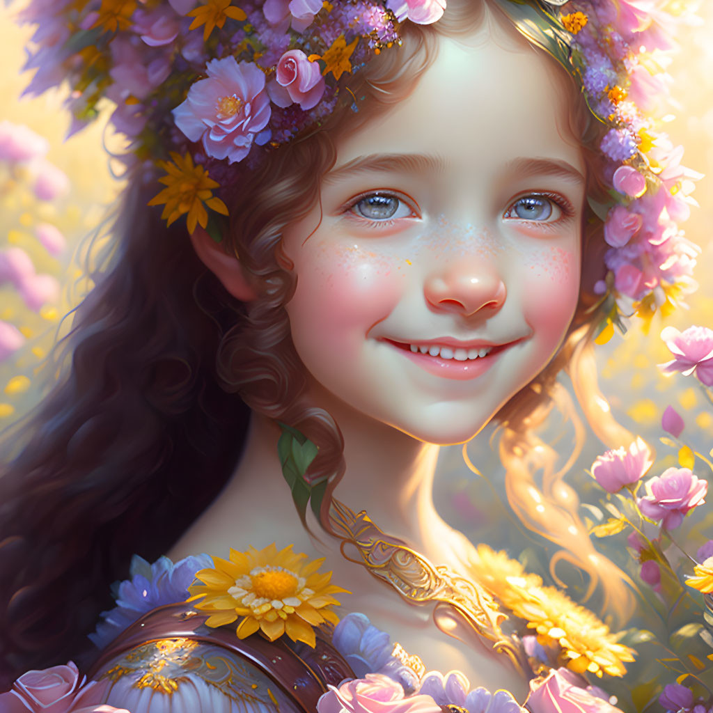 Young girl with floral crown and blossoms, curly hair, and joyful expression