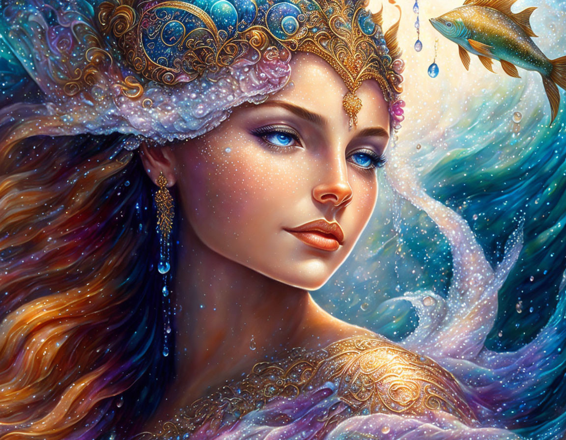 Illustrated woman with ornate crown and fantastical fish on swirling blue backdrop