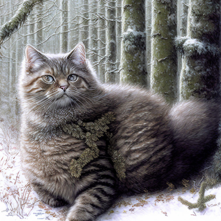 Tabby cat with piercing eyes in snowy forest with green leafy branch