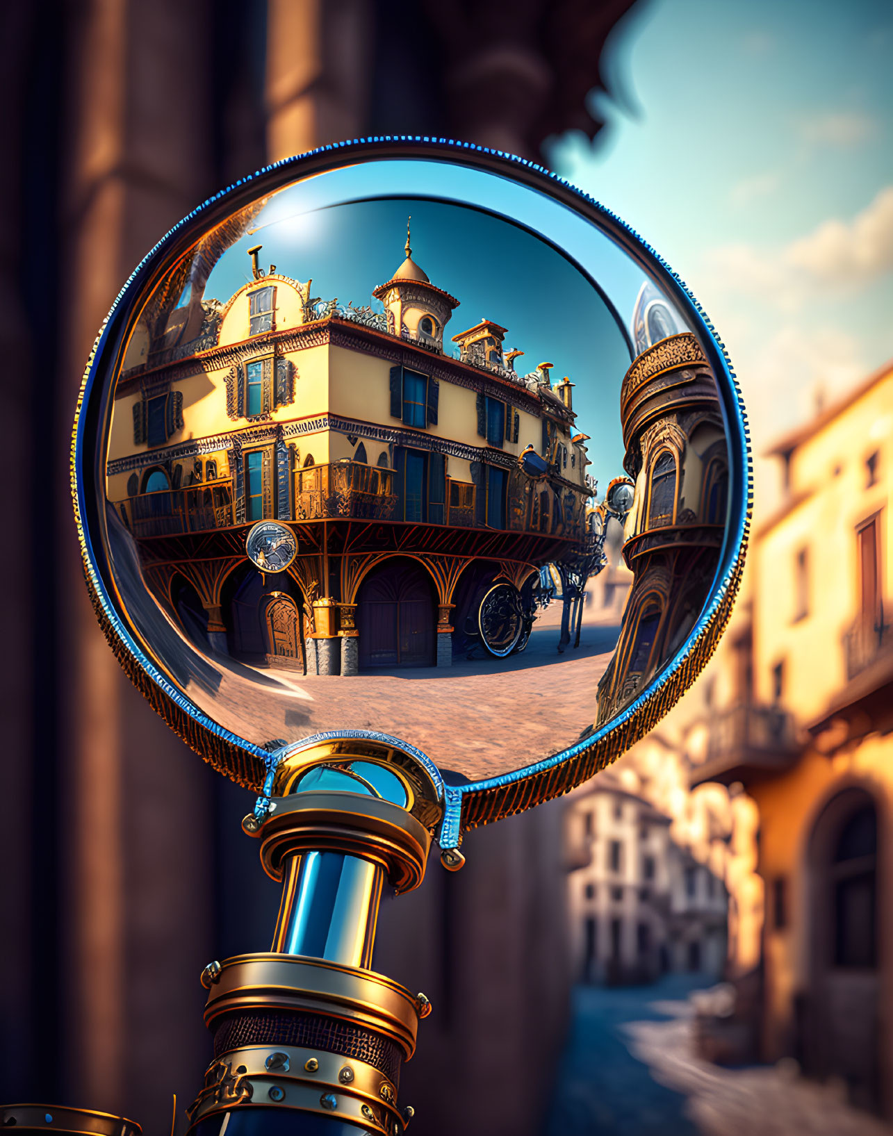 Spherical glass reflecting historical street with horse-drawn carriage