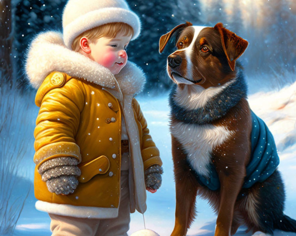 Child and dog in winter attire enjoying snowy forest landscape.