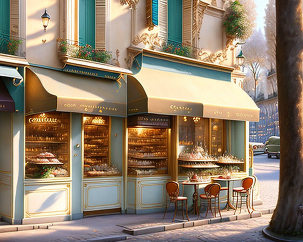 Parisian pastry shop with cakes, pastries, and outdoor seating