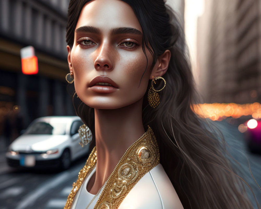 Elegant woman with long hair and gold jewelry in urban setting