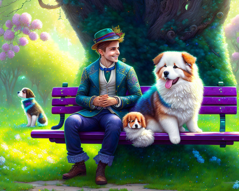 Young man in green hat and blue jacket with three dogs on purple bench in lush green setting