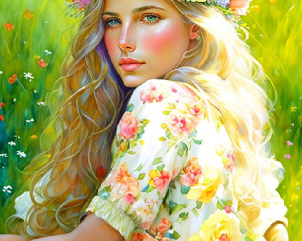 Digital painting of young woman with floral crown in serene springtime scene