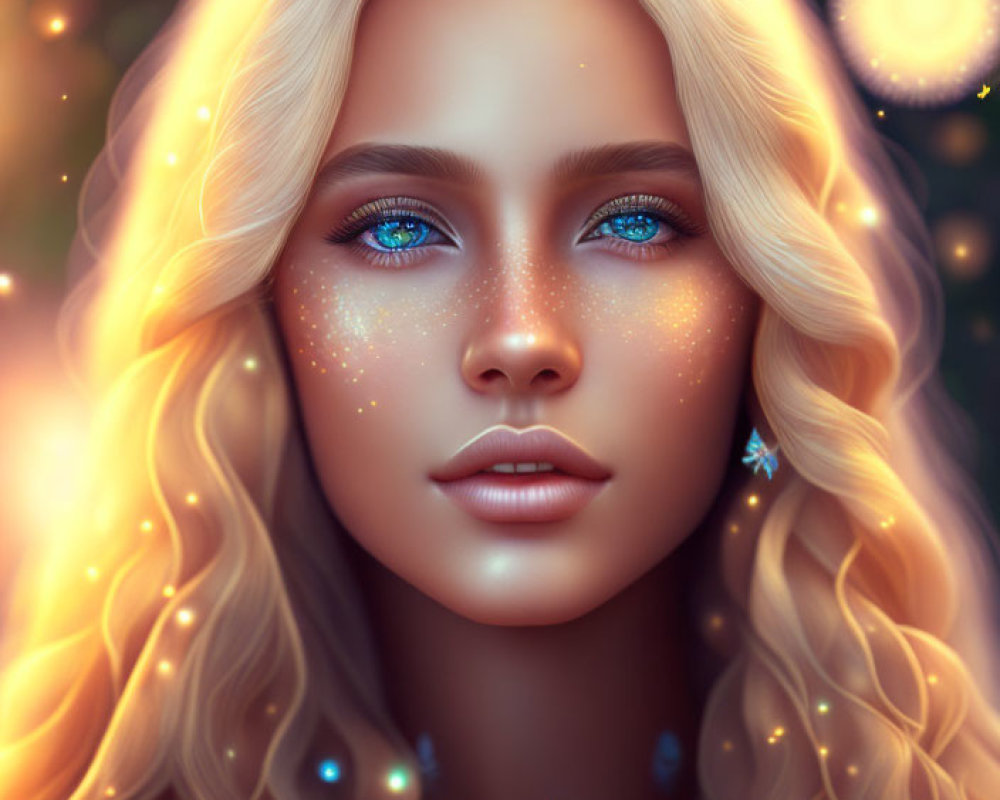 Blonde woman with blue eyes and butterflies in magical portrait