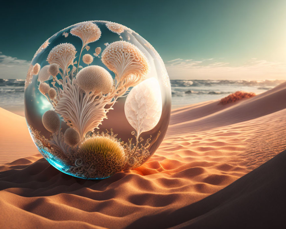 Transparent sphere with intricate tree-like structures in desert sunset