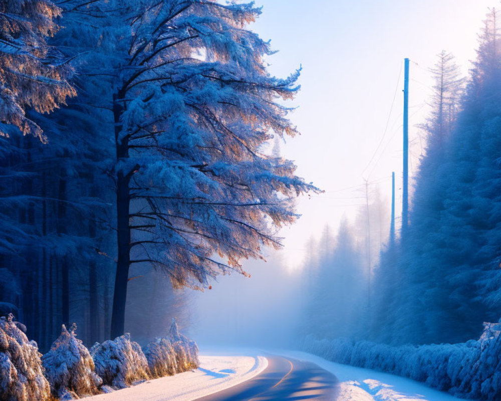 Winter road flanked by frost-covered trees in morning light