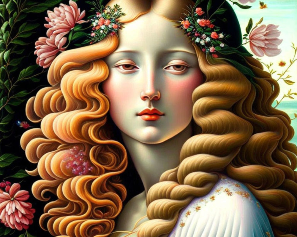 Surreal portrait of a serene woman with golden hair and floral wreath