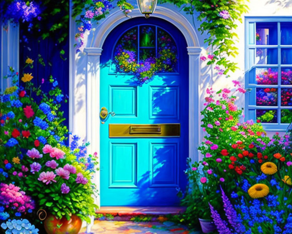 Vibrant blue door with flowers, lantern, and cobblestone path