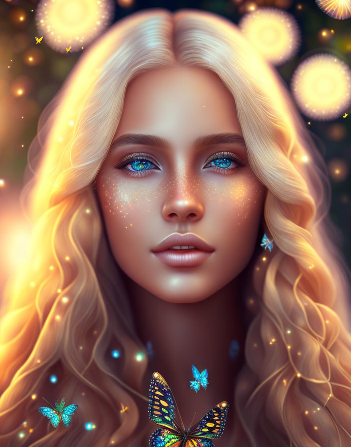 Blonde woman with blue eyes and butterflies in magical portrait