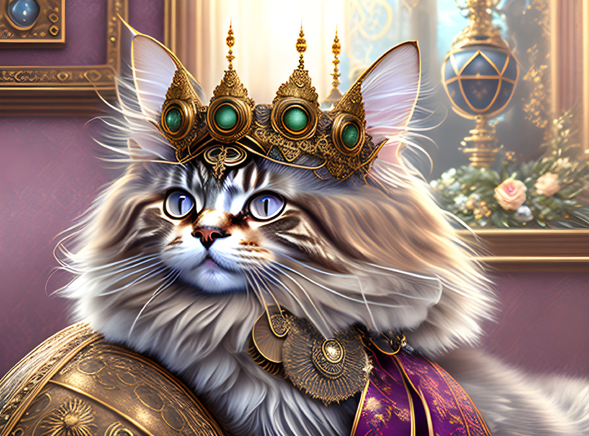 Regal cat with crown and ornate collar in luxurious room